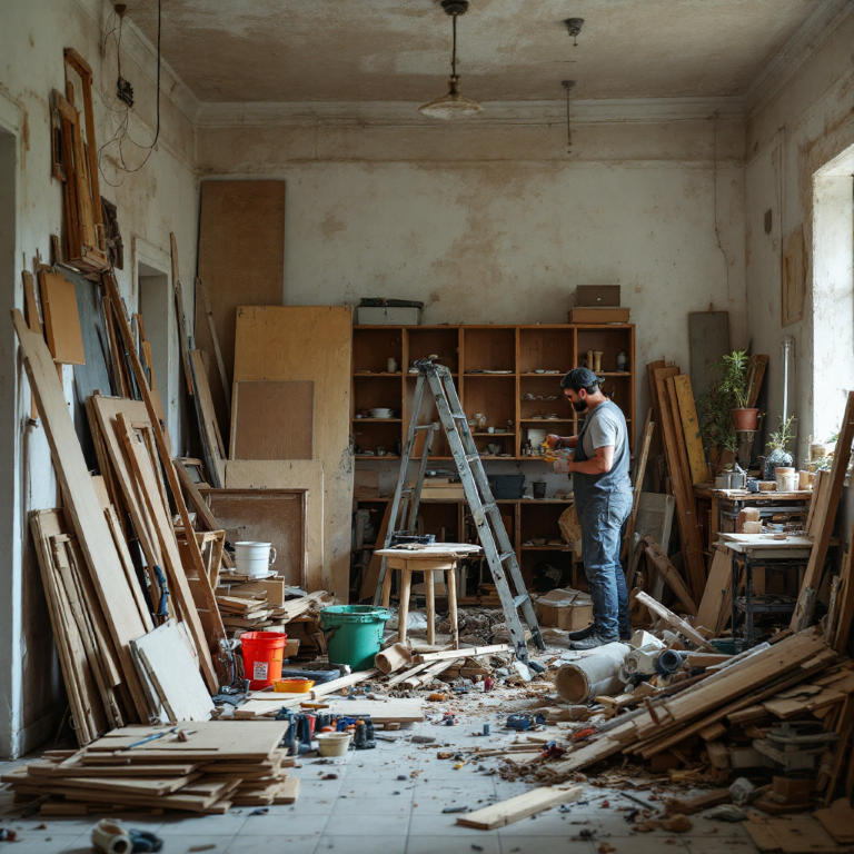 Ein vollstehendes Zimmer mit einem Handwerker der diverse Handwerksarbeiten betreibt